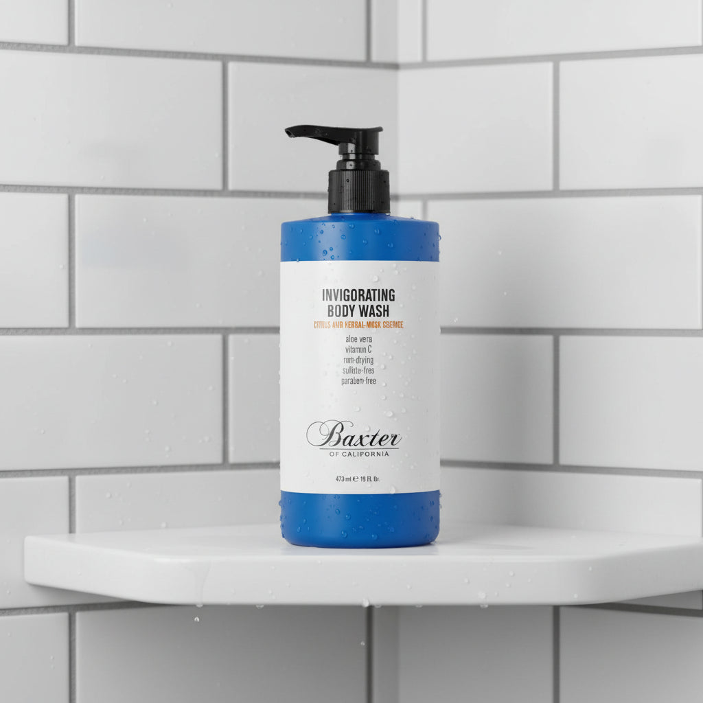 Bottle of Baxter invigorating body wash in the Shower - ToughWorkz