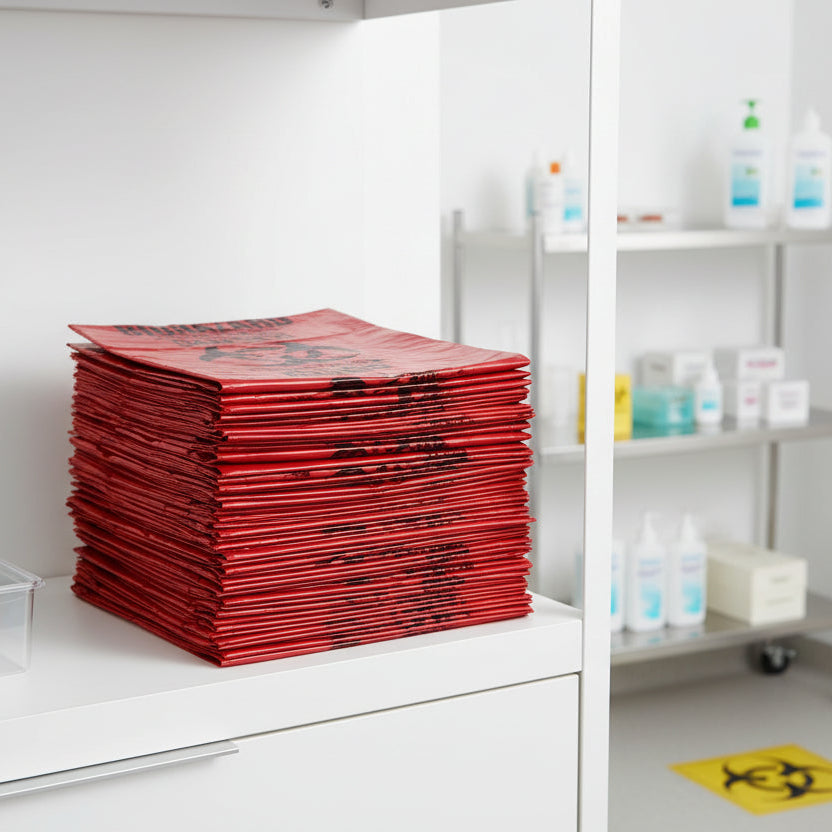 Red biohazard waste bag with black text and biohazard symbol on a white background