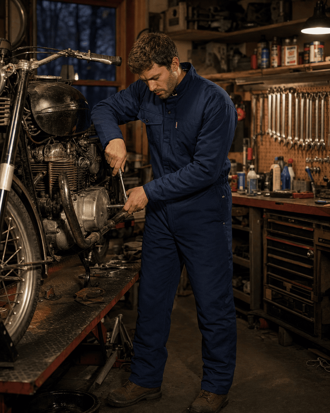 A man in a navy blue mechanic's jumpsuit works on a motorcycle inside a well-lit garage workshop.