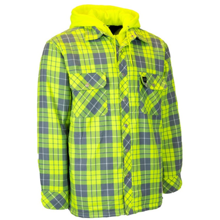 Forcefield Hi-Vis Lime Plaid Hooded Quilted Flannel Shirt Jacket with Reflective Striping - ToughWorkz