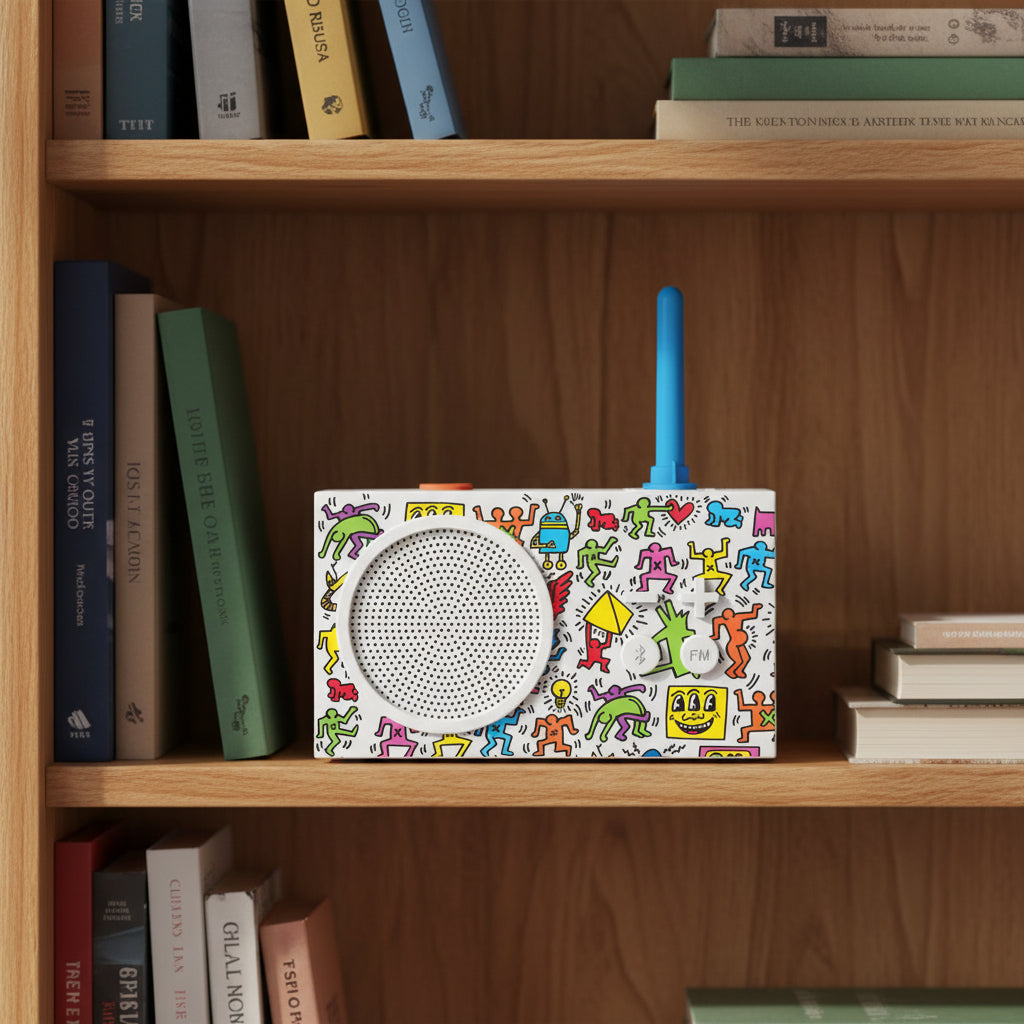 Colorful vintage-style radio with a patterned design on a white background