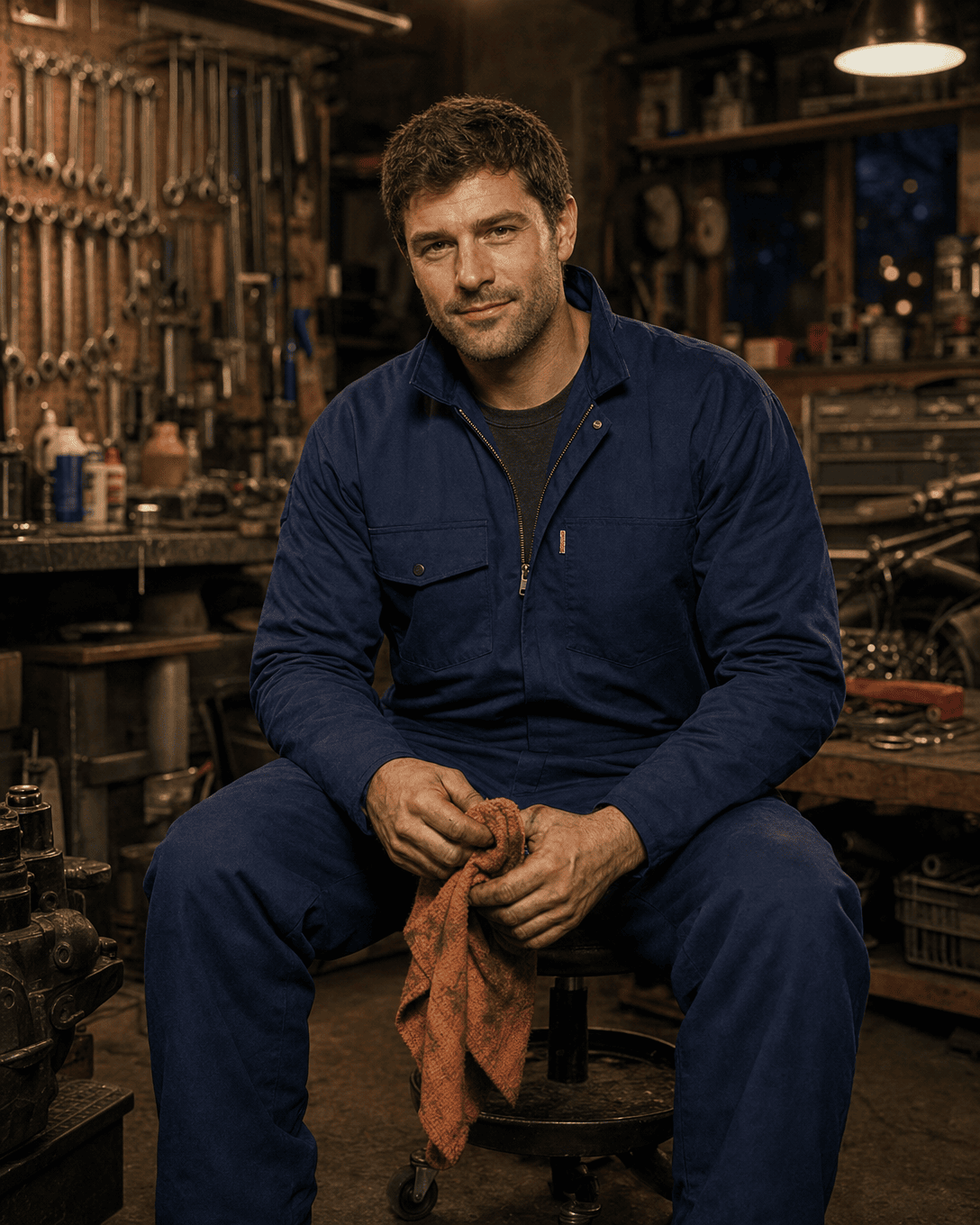 A man wearing a navy blue zip-up work jacket and matching navy work pants sits on a stool in a workshop, holding an orange cloth.