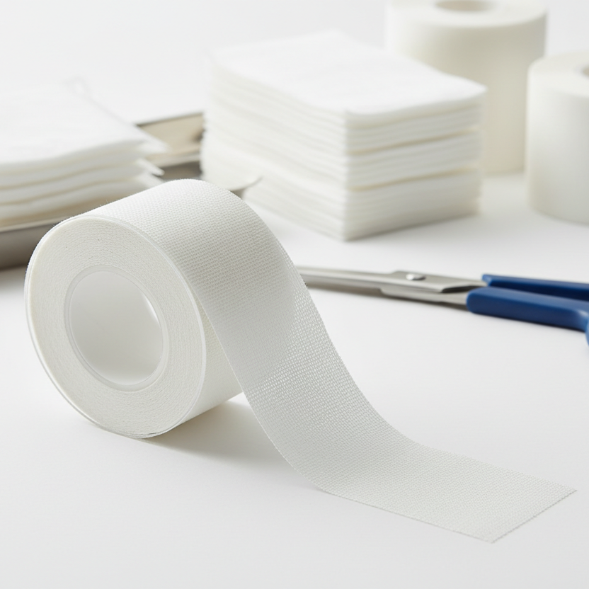 Close-up of waterproof surgical adhesive tape being dispensed alongside gauze and scissors on a clinical surface | ToughWorkz