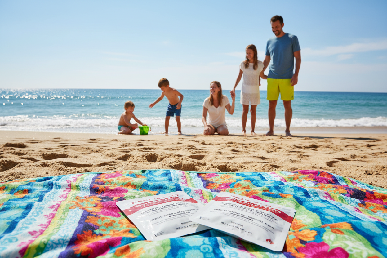 Redi-Medic Burn Dressing on beach blanket with family