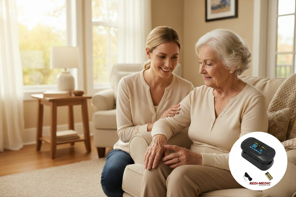 Senior care lifestyle with Redi-Medic Oximeter inset bottom right