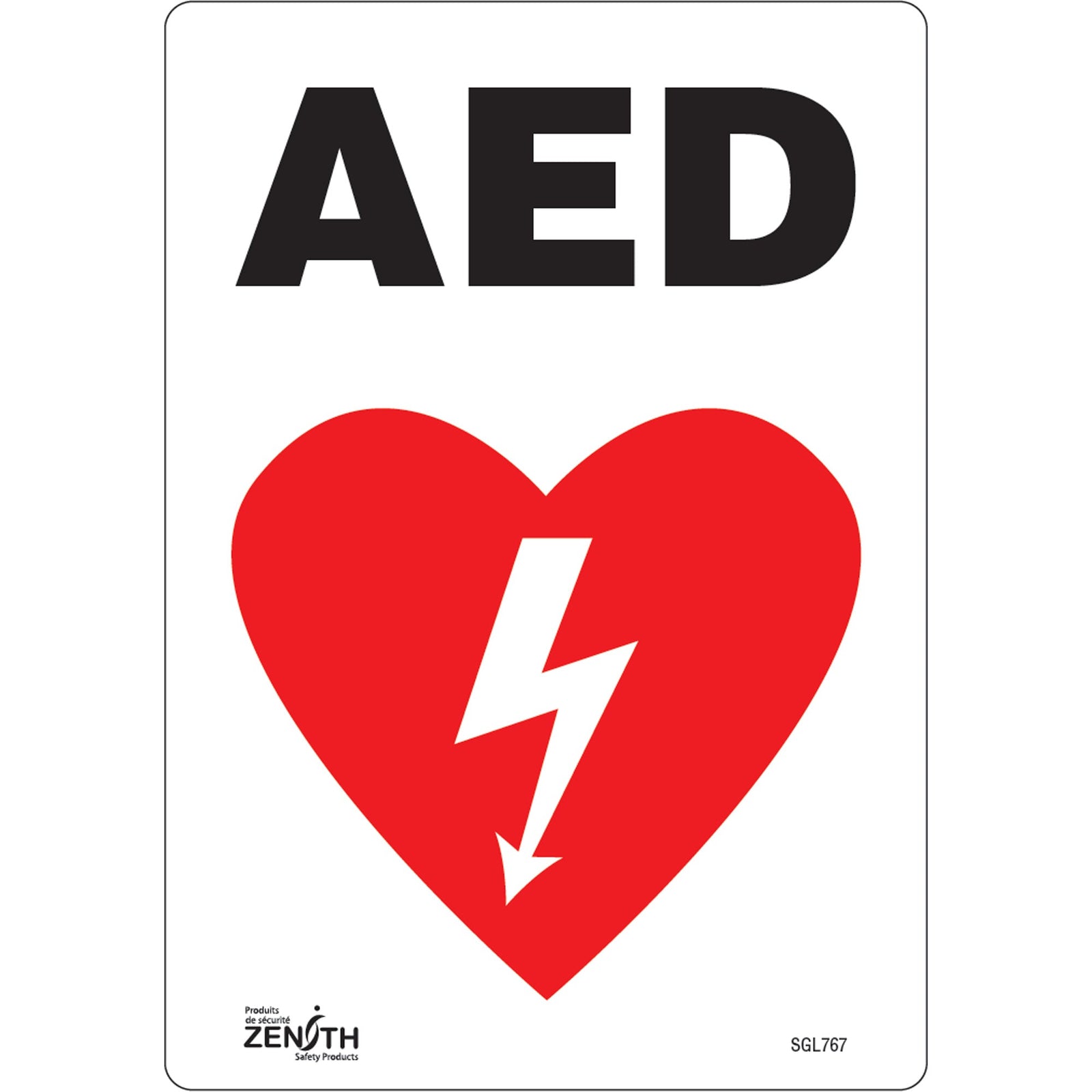 AED sign with a red heart and white lightning bolt on a white background
