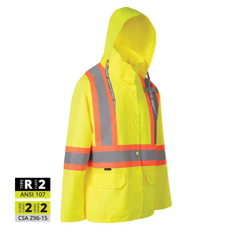 Women's Hi Vis Safety Rain Jacket with Snap-Off Hood - ToughWorkz