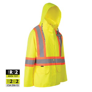 Yellow | Women's Hi Vis Safety Rain Jacket with Snap-Off Hood - ToughWorkz