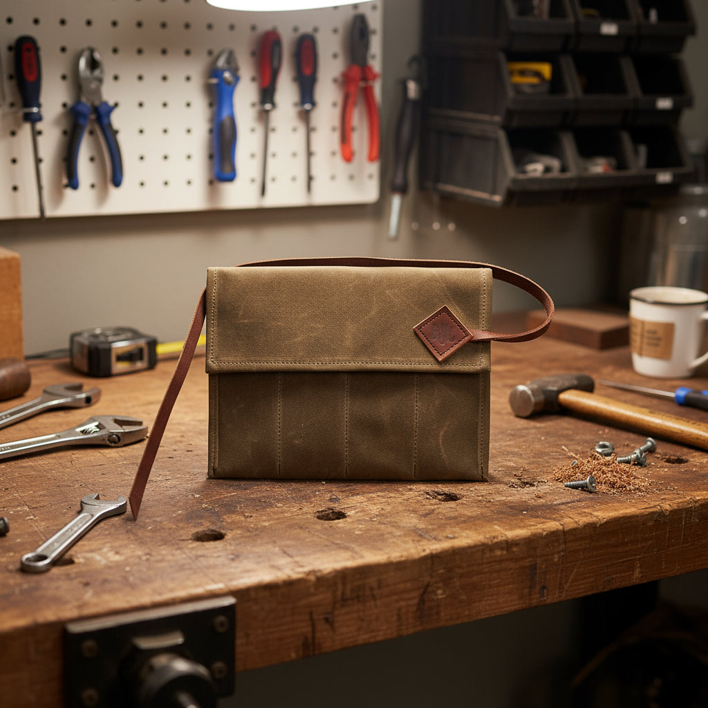 Artison Waxed Canvas Tool Roll on my Desk