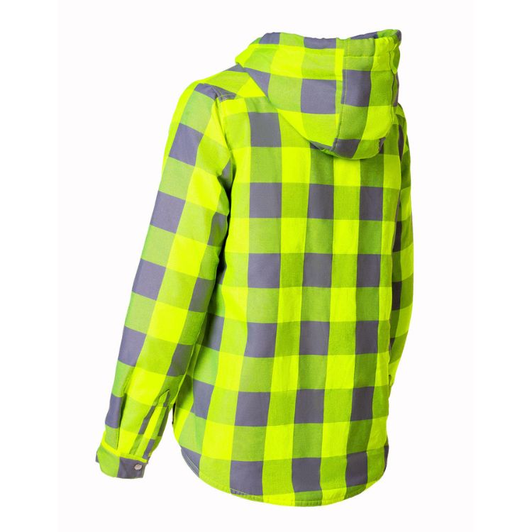 Back | Women's Hooded Sherpa-Lined Hi-Vis Buffalo Plaid Flannel Lined Jacket - ToughWorkz