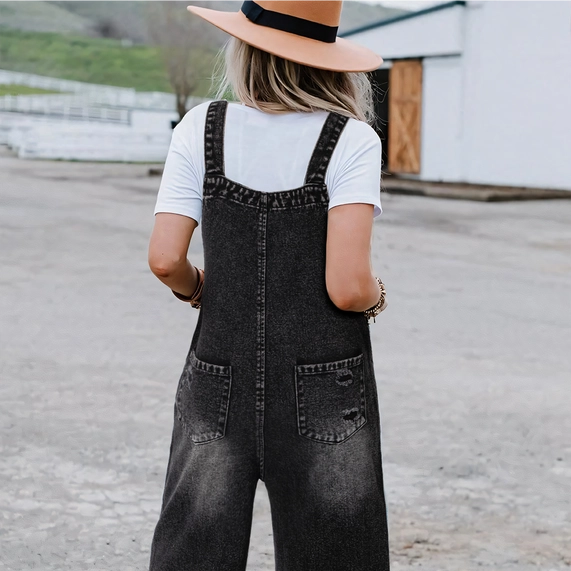 Back | ToughWorkz Women's Bib Pocket Wide Leg Denim Overalls, 4 Sizes - ToughWorkz