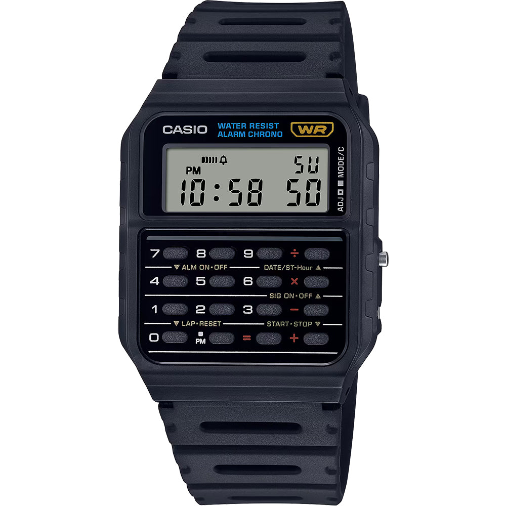 The Casio CA-53WZ is a vintage-style digital calculator watch.
