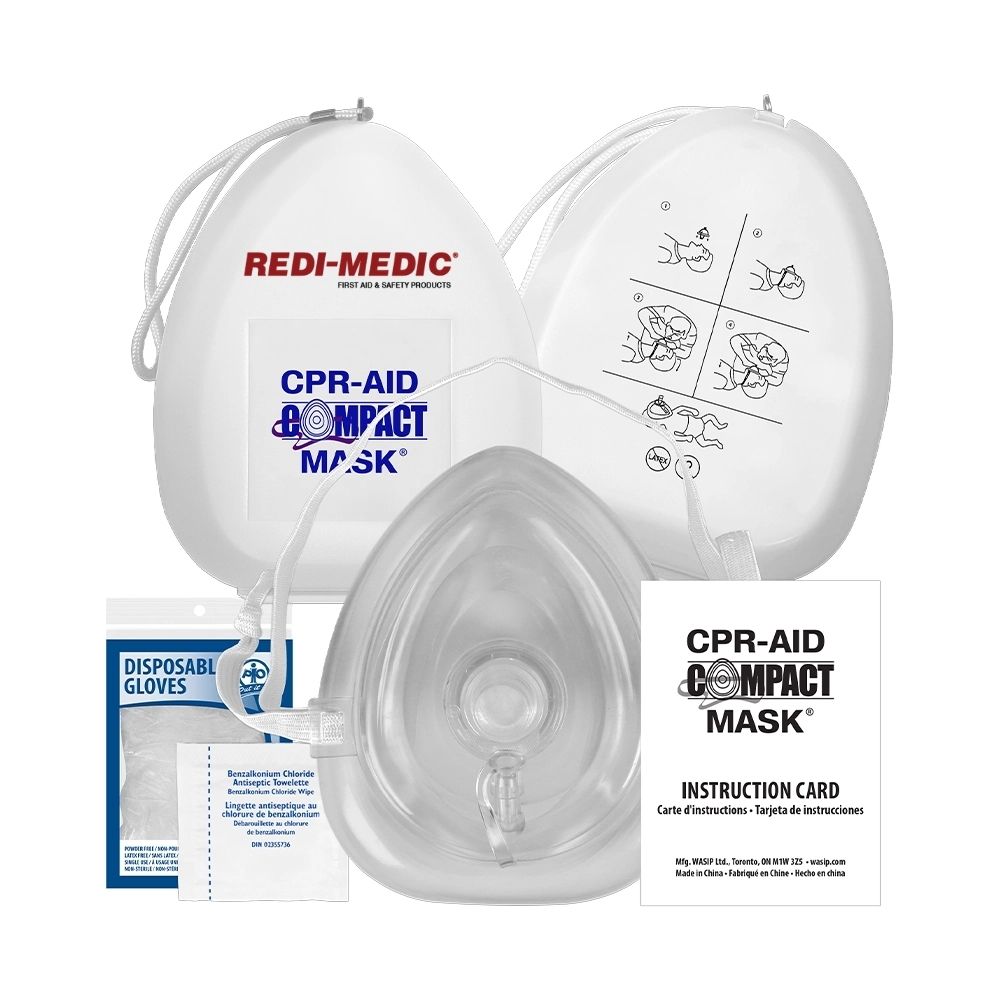 Redi-Medic First Aid CPR Compact Mask w/O2 inlet, Hard Case, Gloves, Wipes, Instructions