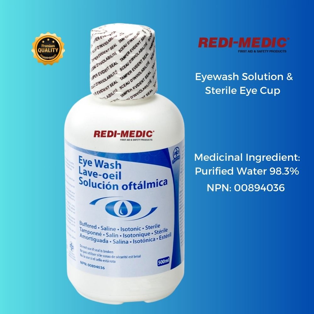 Redi-Medic eye wash solution bottle with blue background