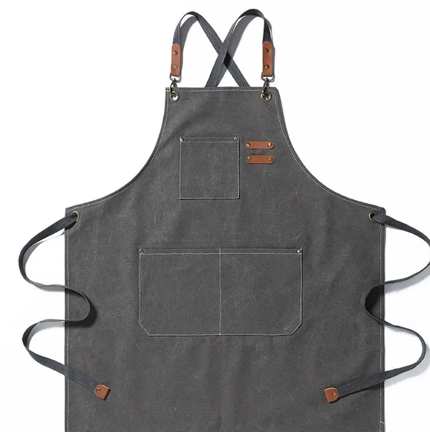 Light Grey apron with leather straps and pockets on a white background - ToughWorkz