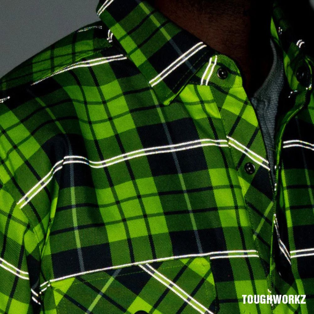 Forcefield Hi Vis Plaid Quilted Flannel Shirt Jacket, Reflective Striping. 4-Sizes