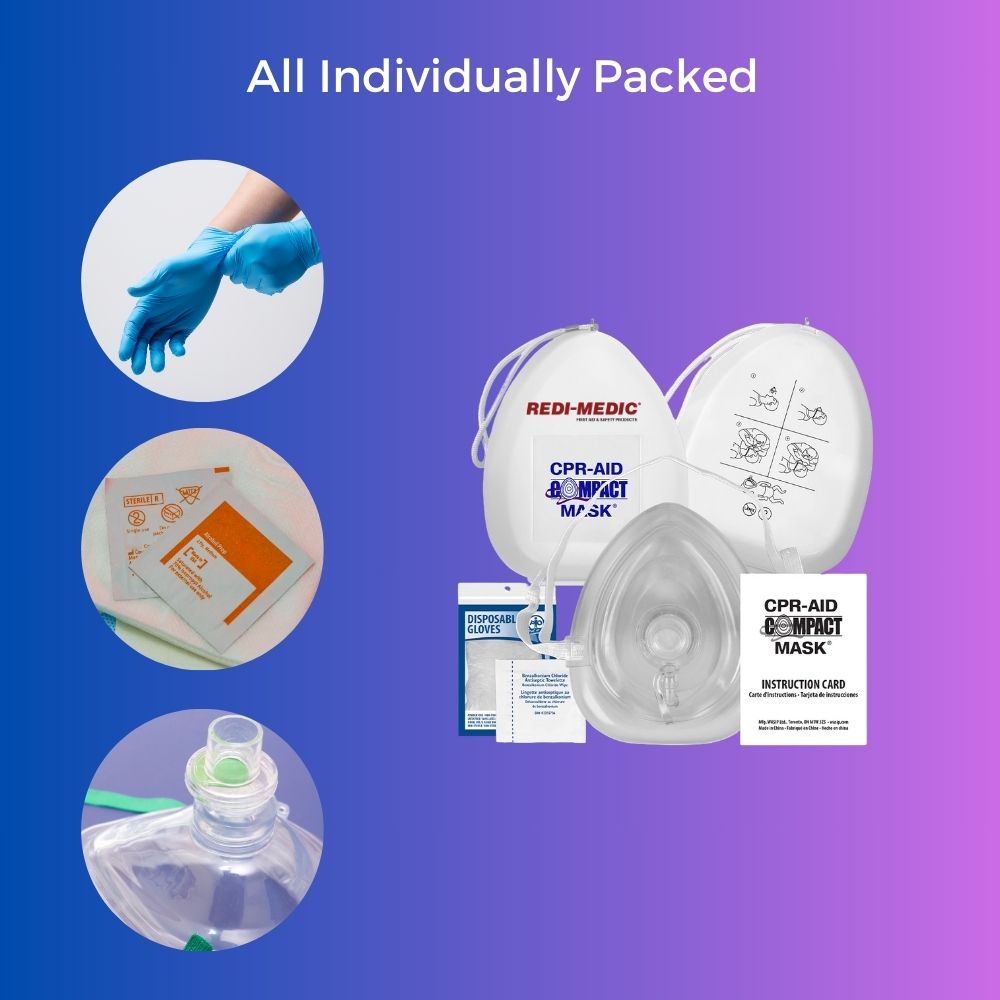 Safe Packaging | Redi-Medic First Aid CPR Compact Mask w/O2 inlet, Hard Case, Gloves, Wipes, Instructions