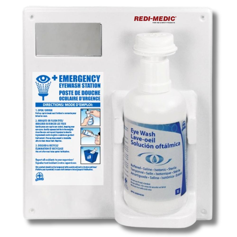Redi-Medic Eyewash Station w/ 1L Eyewash, Eye Cup, Mirror, Wall Mounted - ToughWorkz