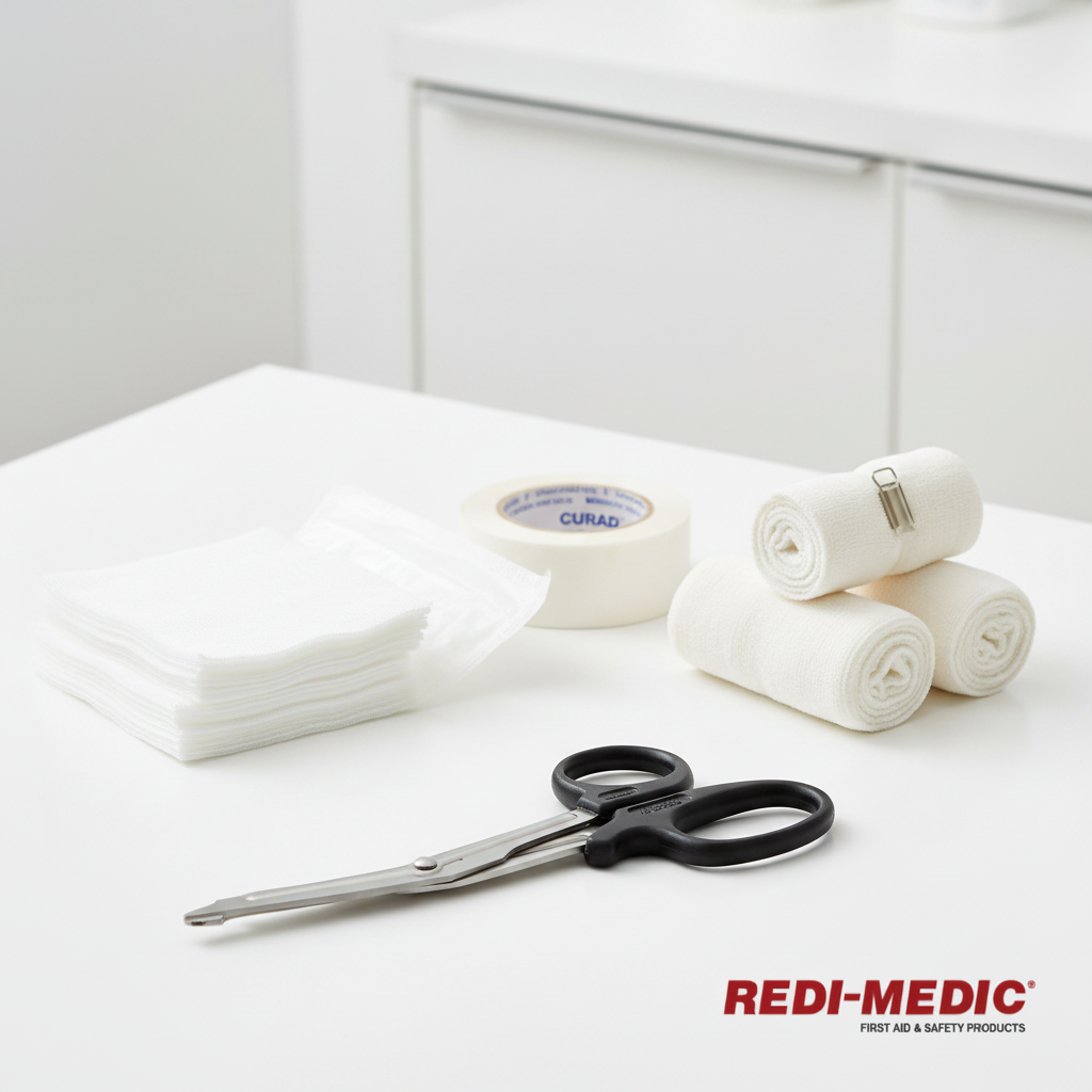 Redi-Medic first aid and safety scissors with black handles and stainless steel blades, shown on a white background with the Redi-Medic logo in the bottom right corner.