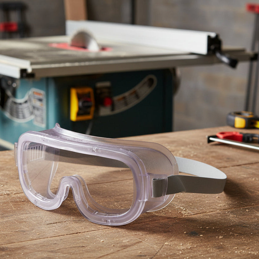 Clear safety goggles with a gray strap on a white background - ToughWorkz
