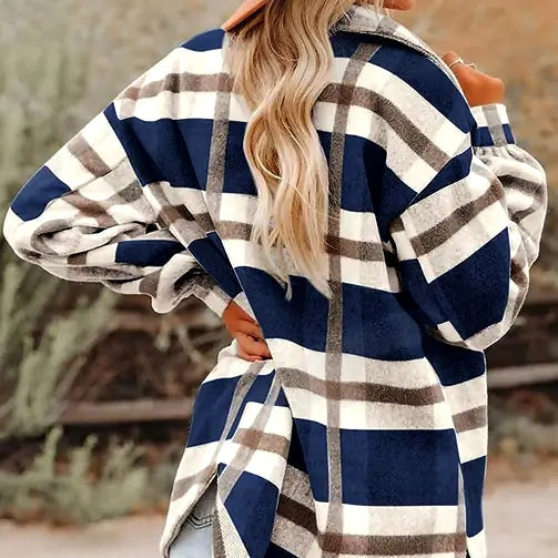 ToughWorkz Women's Blue Plaid Button Flannel Shirt Jacket | Back