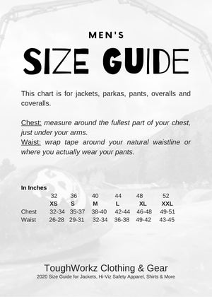 Men's Size Guide for Freezer Jackets  ToughWorkz Men's Freezer Jacket - ToughWorkz
