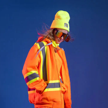 Hi Vis Orange Safety Hoodie with reflective stripes on a blue background - ToughWorkz