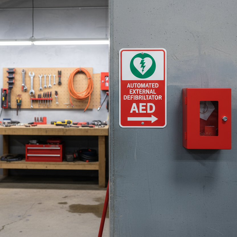 AED sign with a red heart and white lightning bolt on a white background