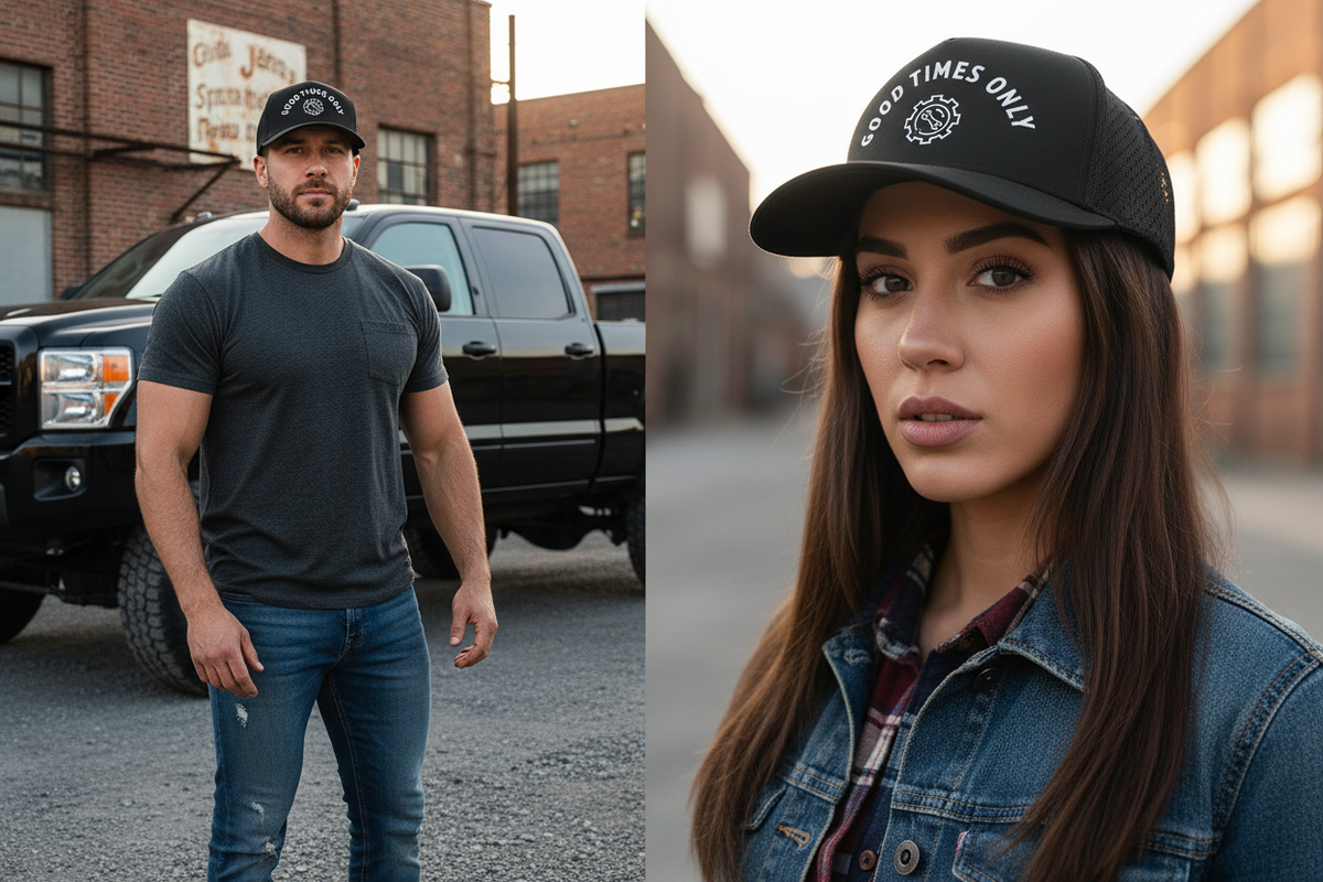 Combined collage with both wearing Toughworkz Good Times Trucker Hat