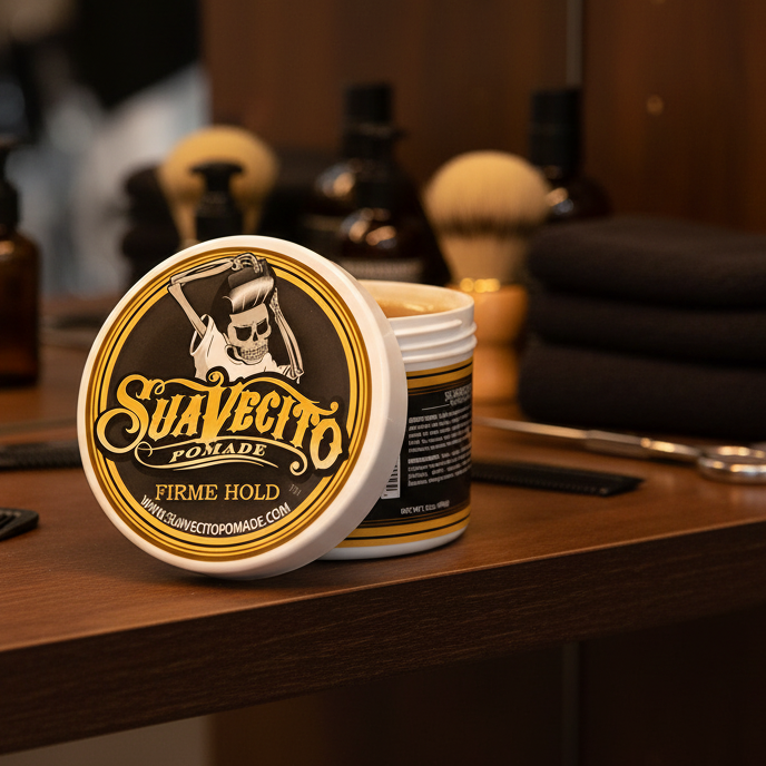Exact Suavecito product tub on a barbershop shelf - ToughWorkz