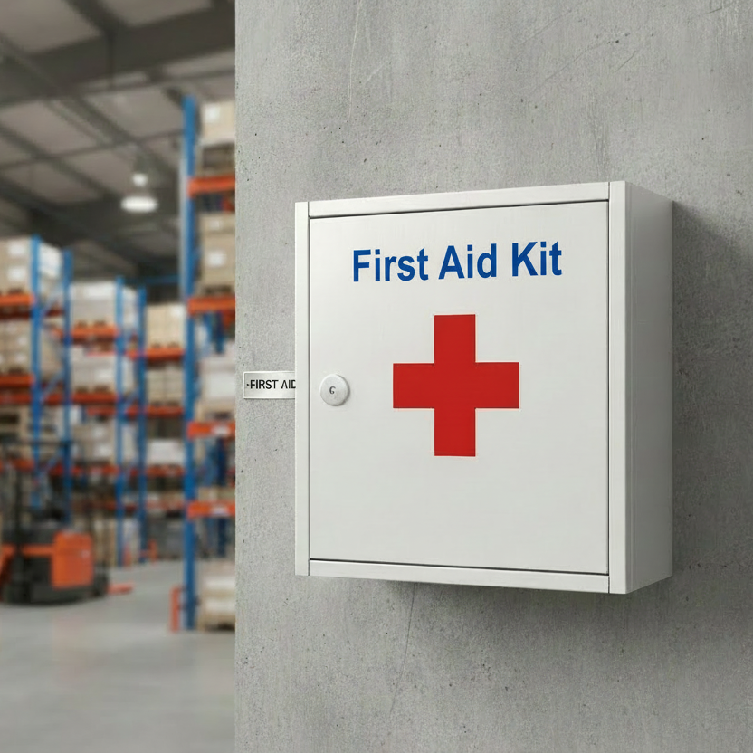 First Aid Kit mounted on warehouse wall