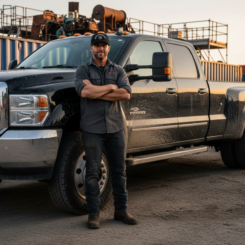 Guy wearing Toughworkz Good Times Trucker Hat beside truck