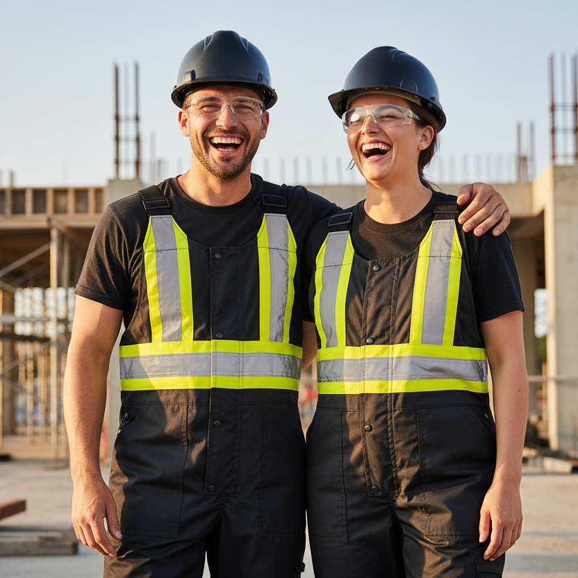 Happy Man and Woman in Black Hi Vis Overalls - ToughWorkz