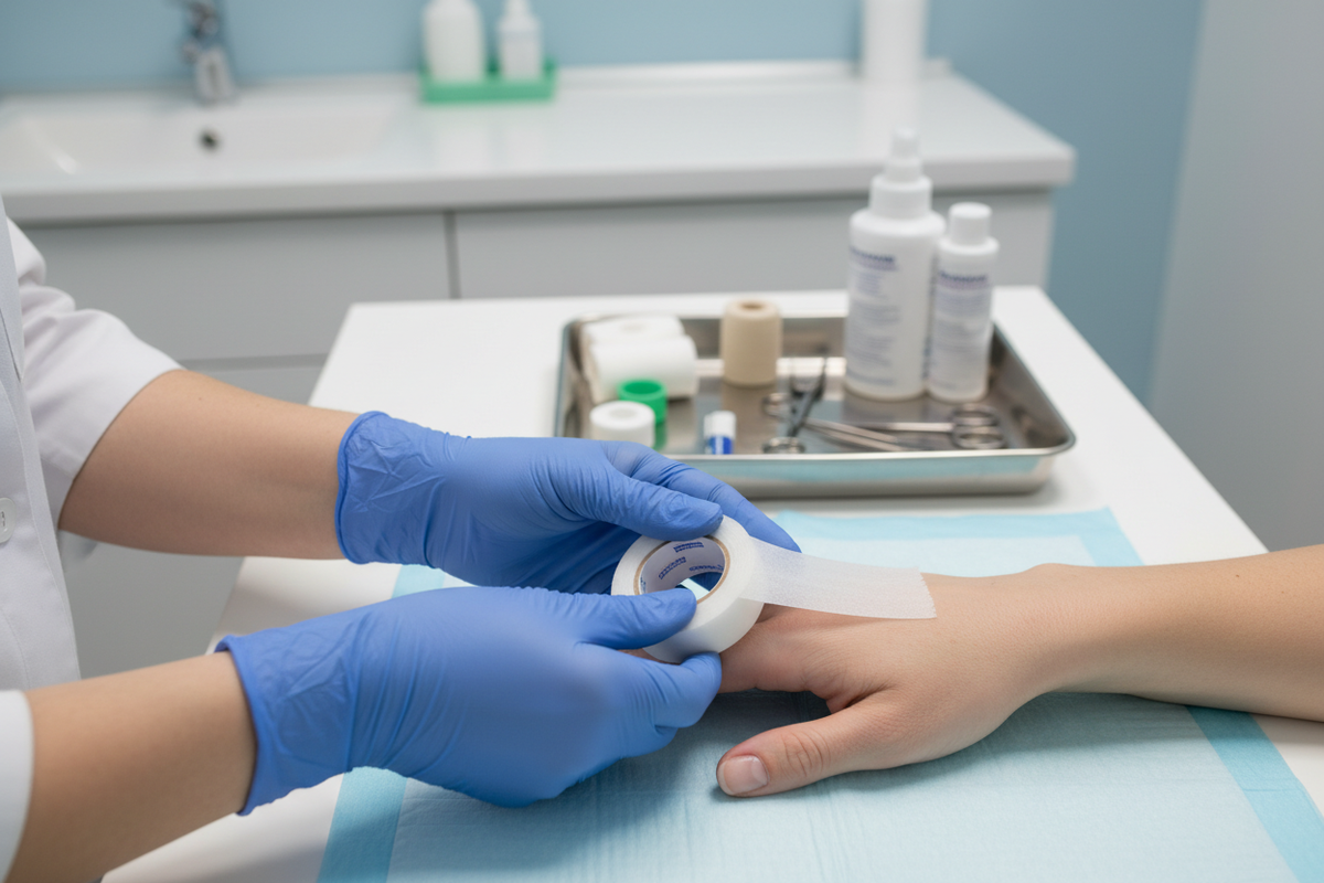 Nurse securing a gauze dressing with surgical tape on a patient's hand in a medical clinic | Shop ToughWorkz