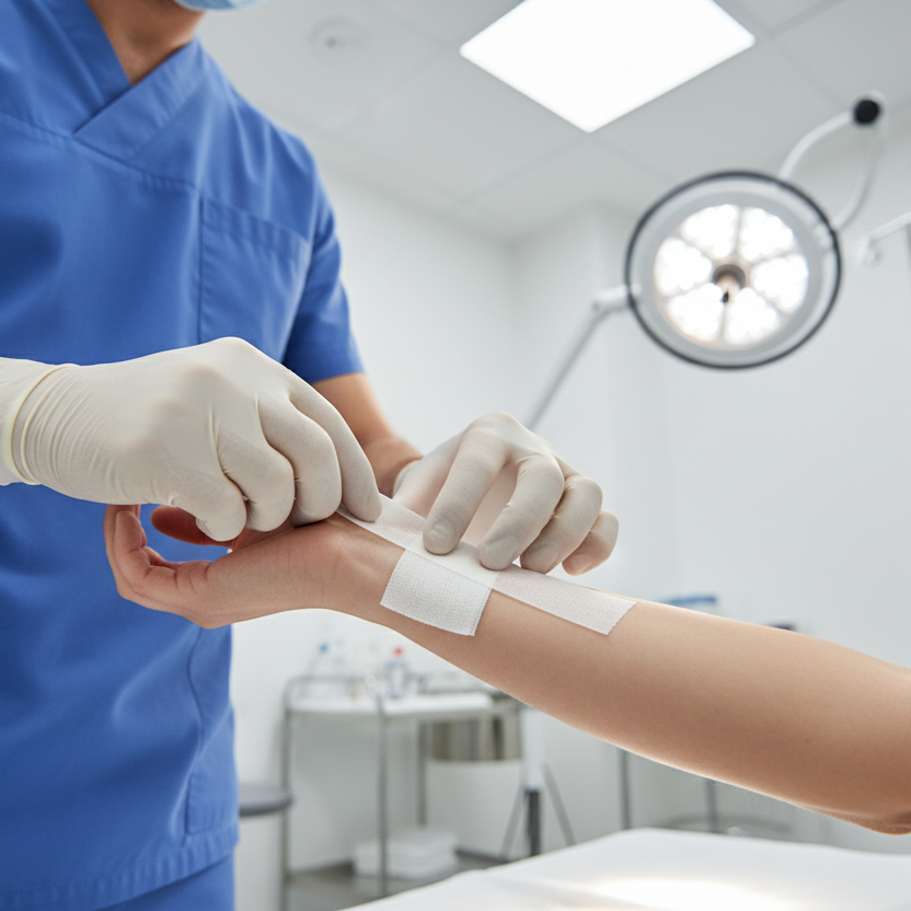 Healthcare worker applying redi-medic waterproof surgical adhesive tape to a wound dressing in a clinic setting