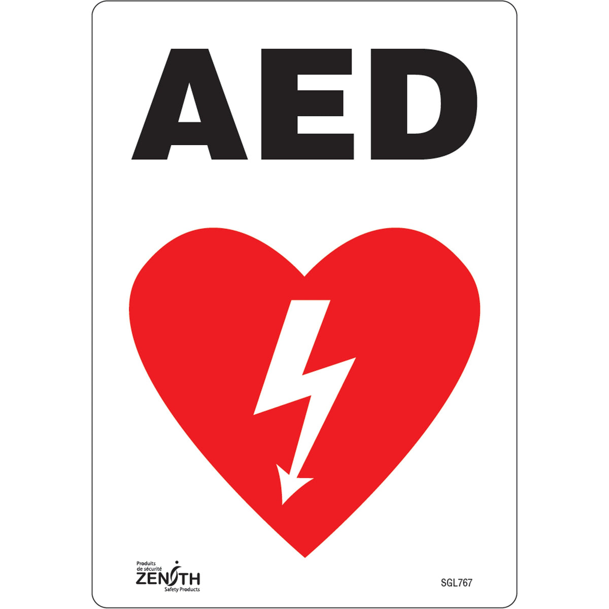 AED sign with a red heart and white lightning bolt on a white background