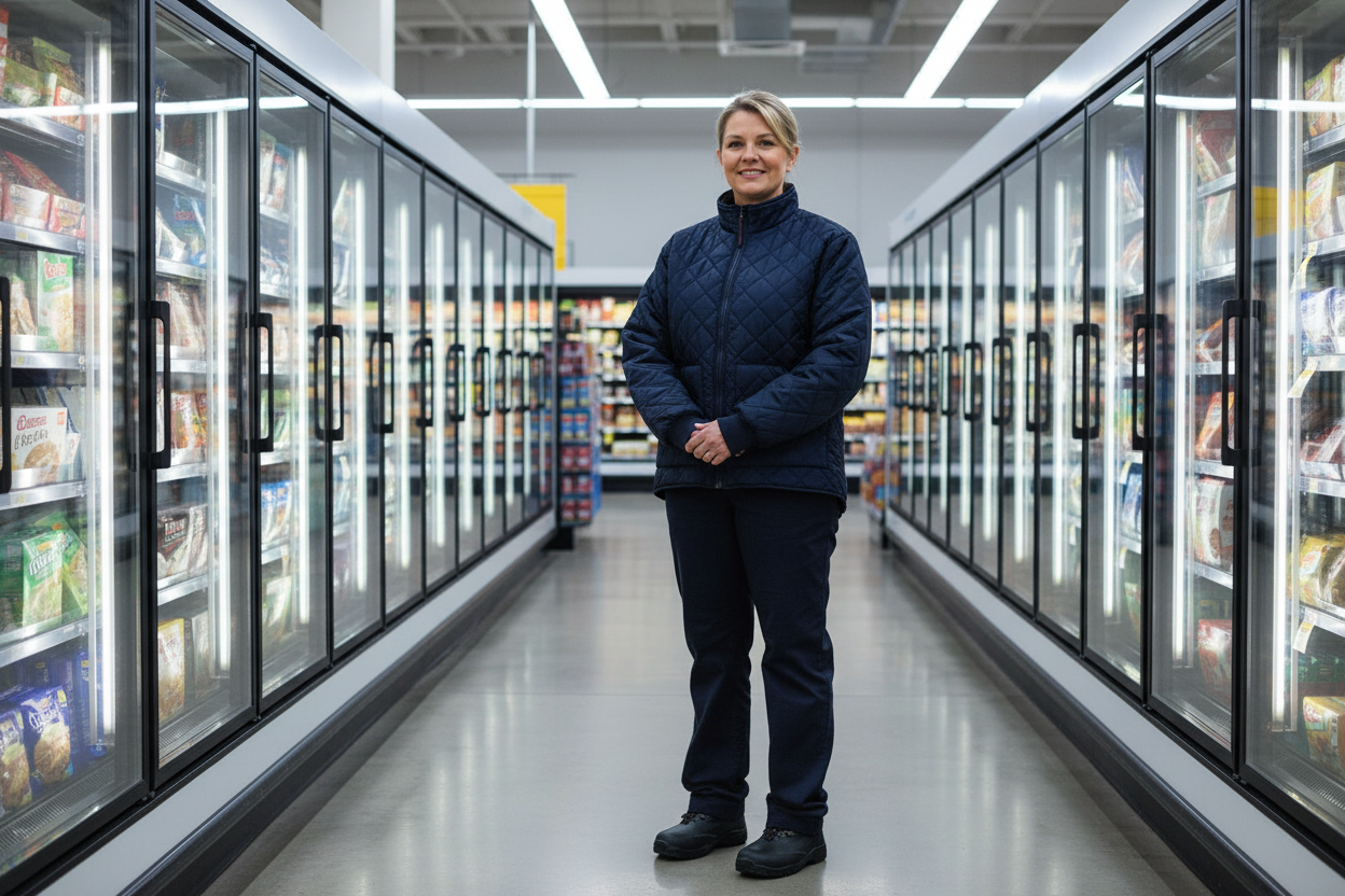 ToughWorkz Freezer Jacket on Grocery Store Clerk