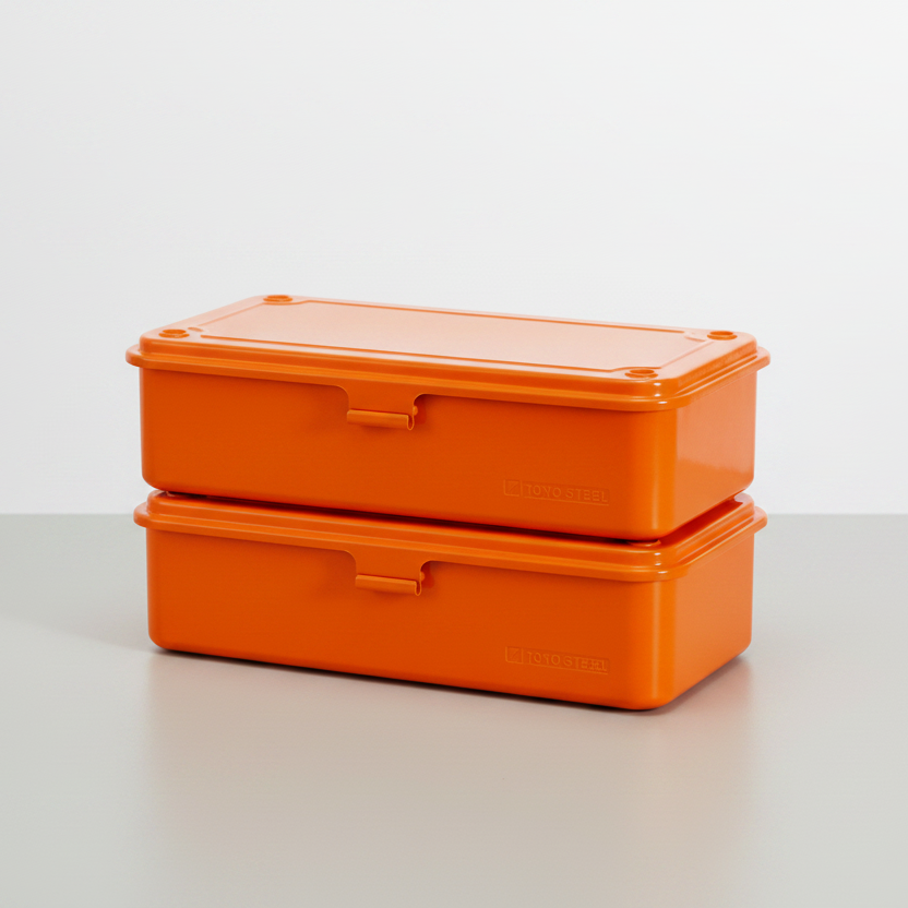 Two Stacked Toyo Steel T-190 Orange Tool Boxes on Studio Desk