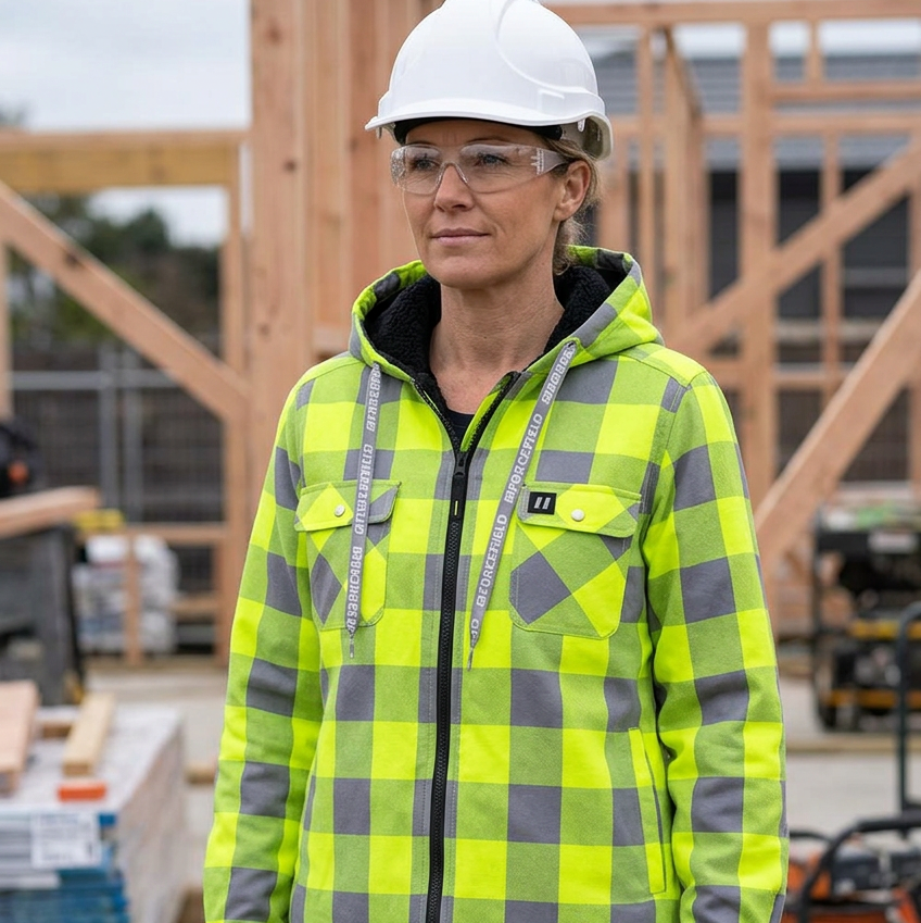 Woman wearing the Forcefield Hi-Vis plaid shirt jacket at a construction site | Shop ToughWorkz