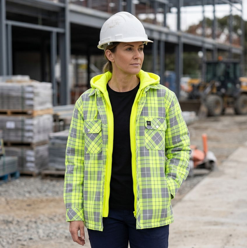 Woman wearing the Forcefield hoodie on a construction site | Shop ToughWorkz